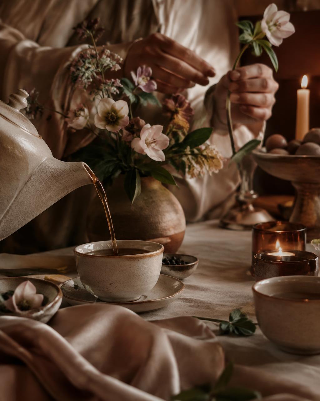 Warm tea being poured among flowers, silk, and candlelight