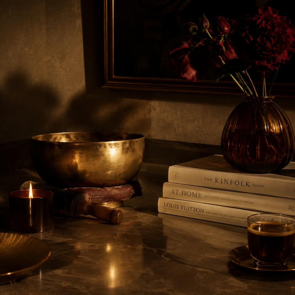 Brass singing bowl, candle and books on a marble table in warm light